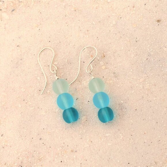 Sea Glass Earrings Blue Sterling Silver Hypoallergenic Wires Gifts for Women - Picture 6 of 8